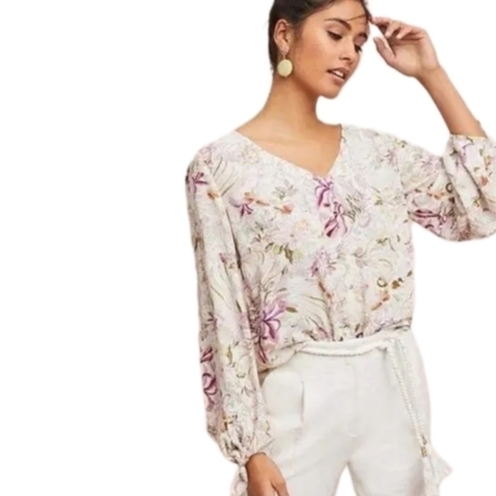 Maeve by Anthropologie Pernille Floral Tie Sleeve Top Pink & Cream V-Neck Blouse